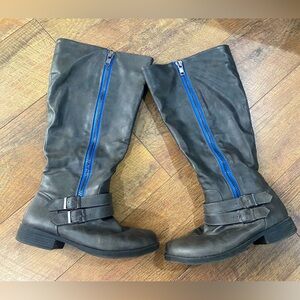 Wide calf Gray Knee-High Boots with Blue Zipper